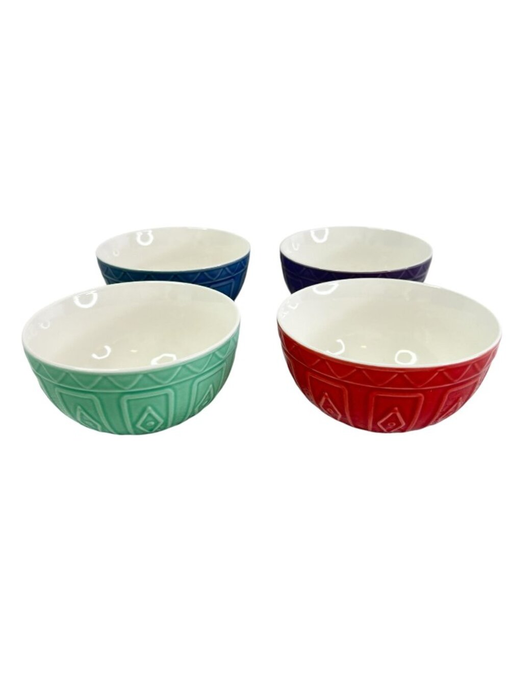 Trudeau Porcelain Set Of 4 Embossed Ceramic Soup Salad Bowls Multicolor Geometri